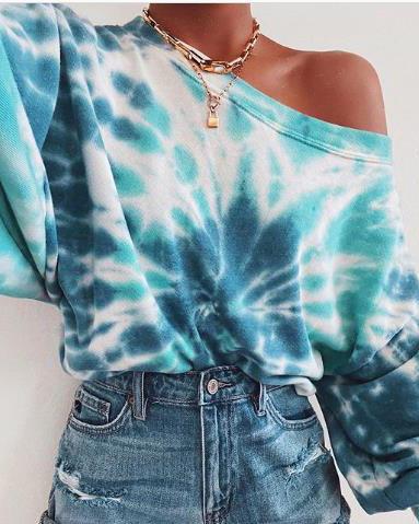 Tie-dye printed off-shoulder pullover loose hoodie