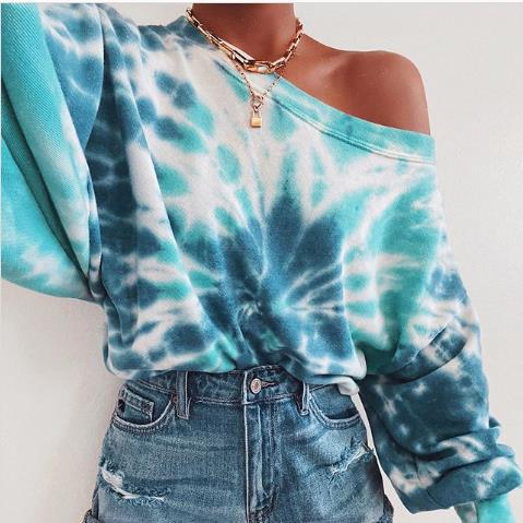 Tie-dye printed off-shoulder pullover loose hoodie