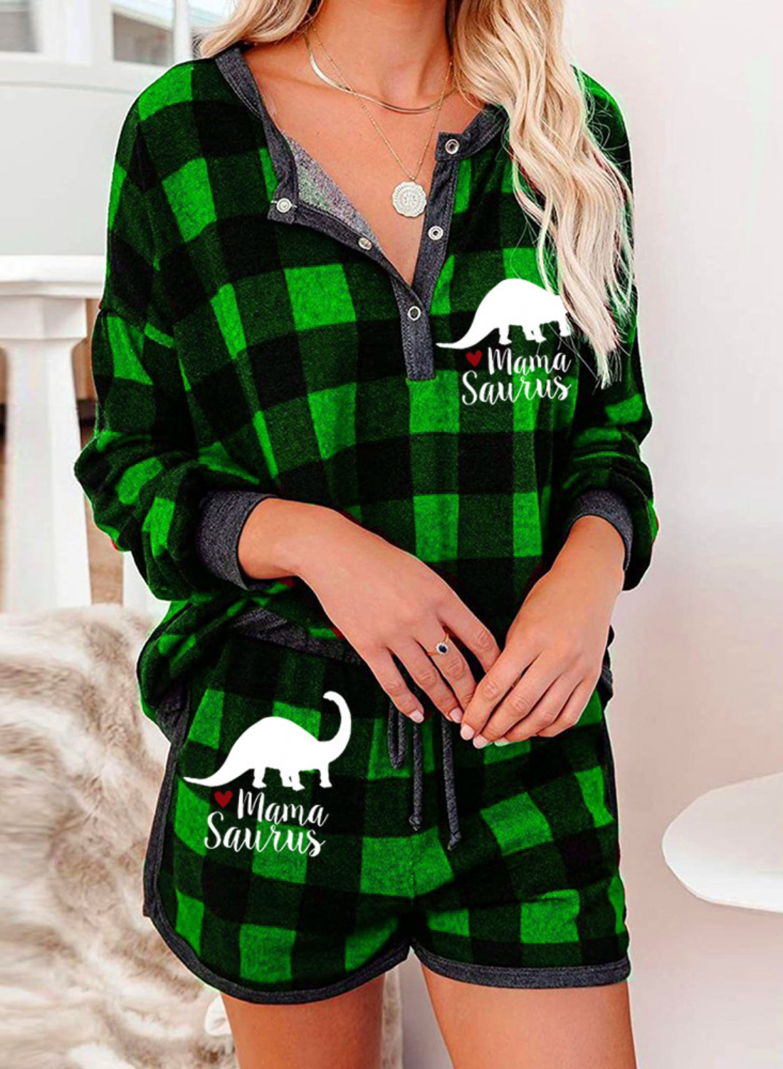 Women's Cute Mama Saurus Print Loungewear Sets Christmas Long Sleeve V Neck Plaid Short Pajama Sets