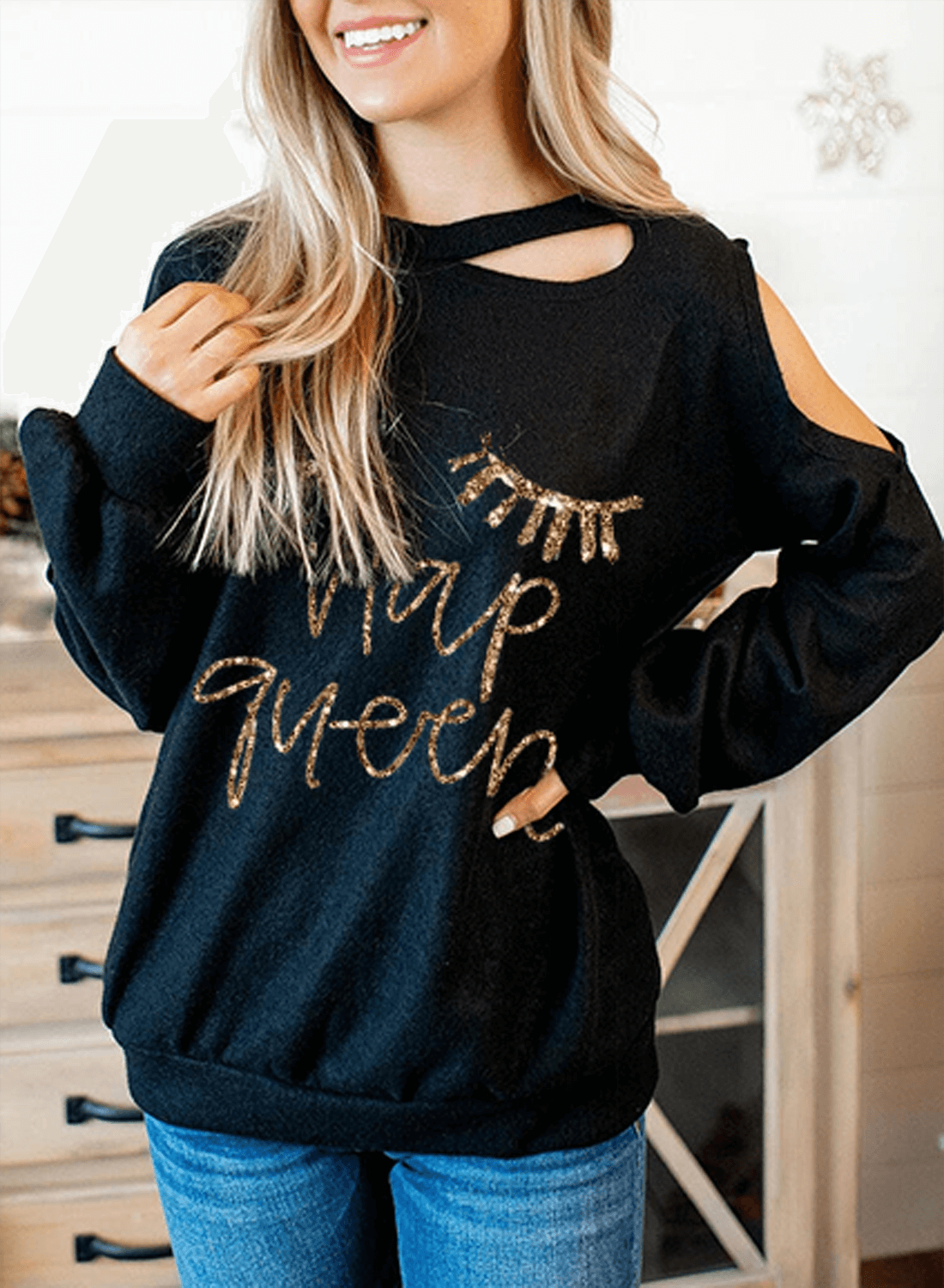 Women's Nap Queen Sweatshirt Letter Long Sleeve Asymmetrical Daily Cold Shoulder Sequin Pullover