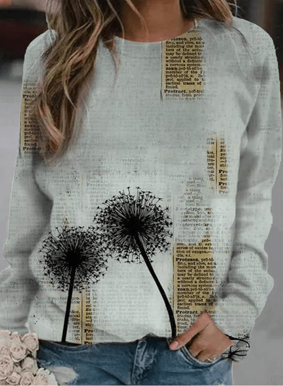 Women's Sweatshirt Dandelion Newspaper Letter Long Sleeve Round Neck Casual Sweatshirt