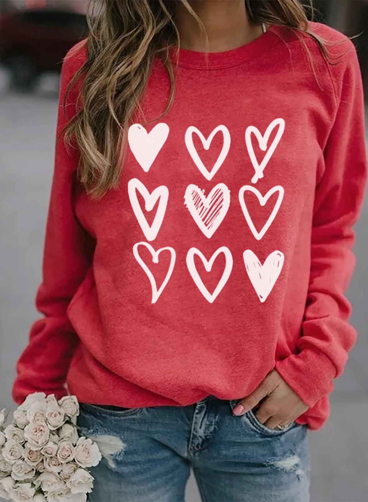 Women's Heart Sweatshirt Color Block Round Neck Long Sleeve Daily Casual Pullovers