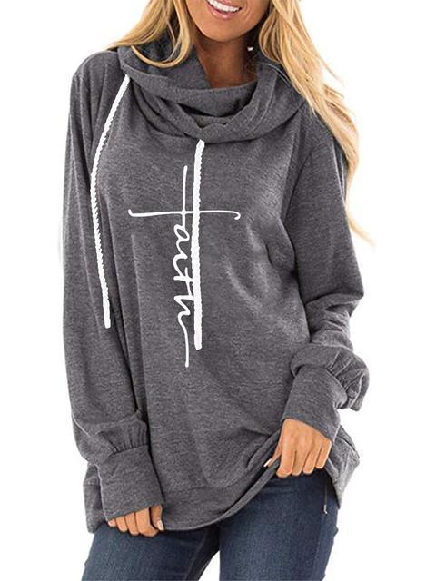 Women's Faith Printed Cowl Neck Drawstring Hooded Sweatshirt