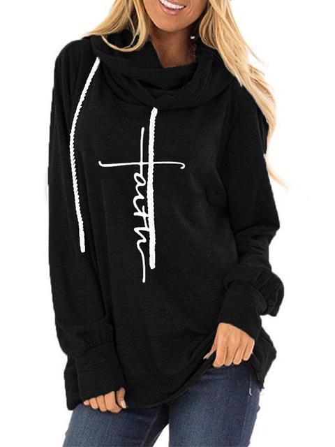 Women's Faith Printed Cowl Neck Drawstring Hooded Sweatshirt