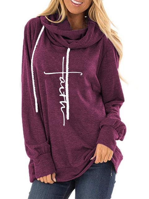 Women's Faith Printed Cowl Neck Drawstring Hooded Sweatshirt