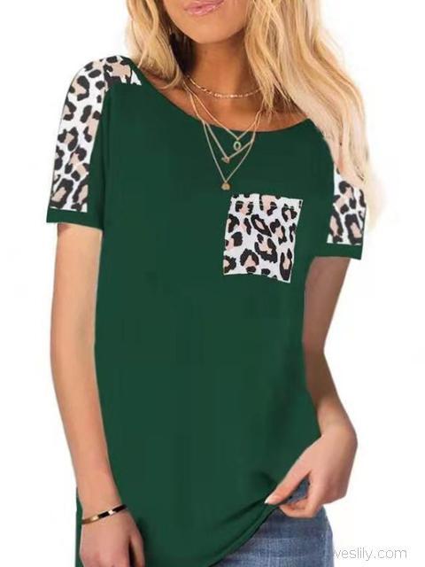 Leopard Print Pocket Short Sleeve T-shirt