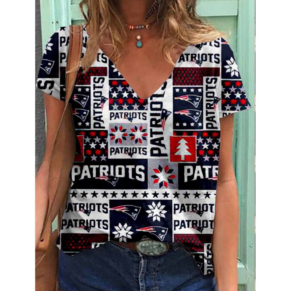 New England Patriots V-Neck Short-Sleeved Loose Print T-Shirt