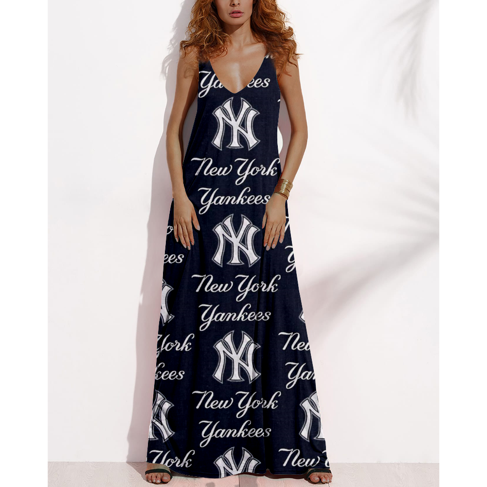 Women's Summer NEW YORK YANKEES Fan Print V-Neck Sleeveless Loose Long A-line Dress