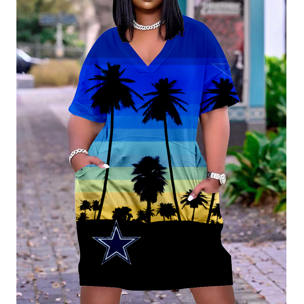 Dallas Cowboys Print V-Neck Dress Short Sleeve