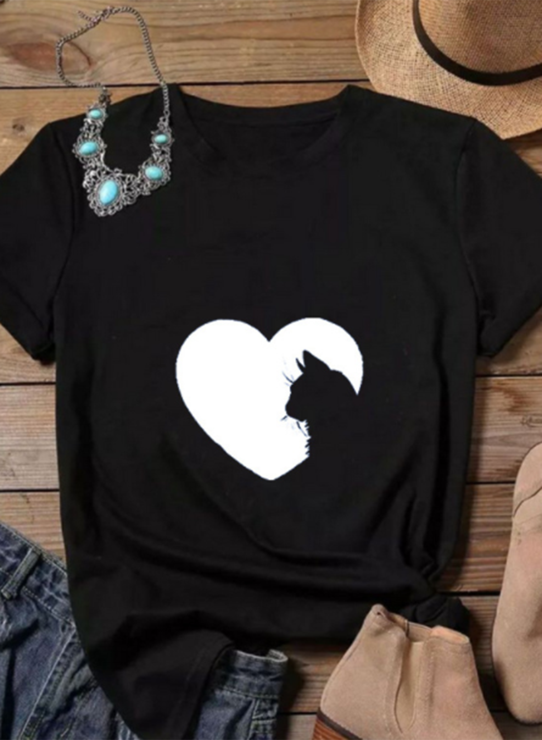 Women's T-shirts Heart-shaped Print Short Sleeve Round Neck Daily T-shirt