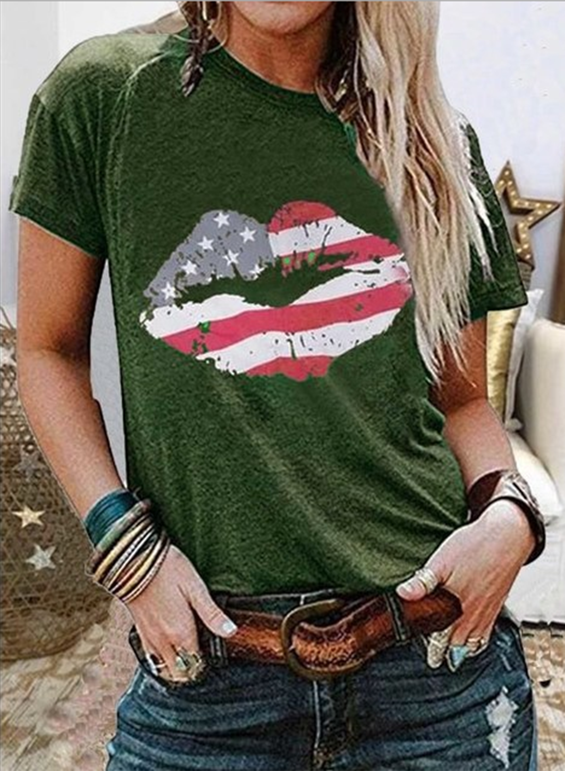 Women's T-shirts American Flag Lip Print Short Sleeve Round Neck Daily T-shirt