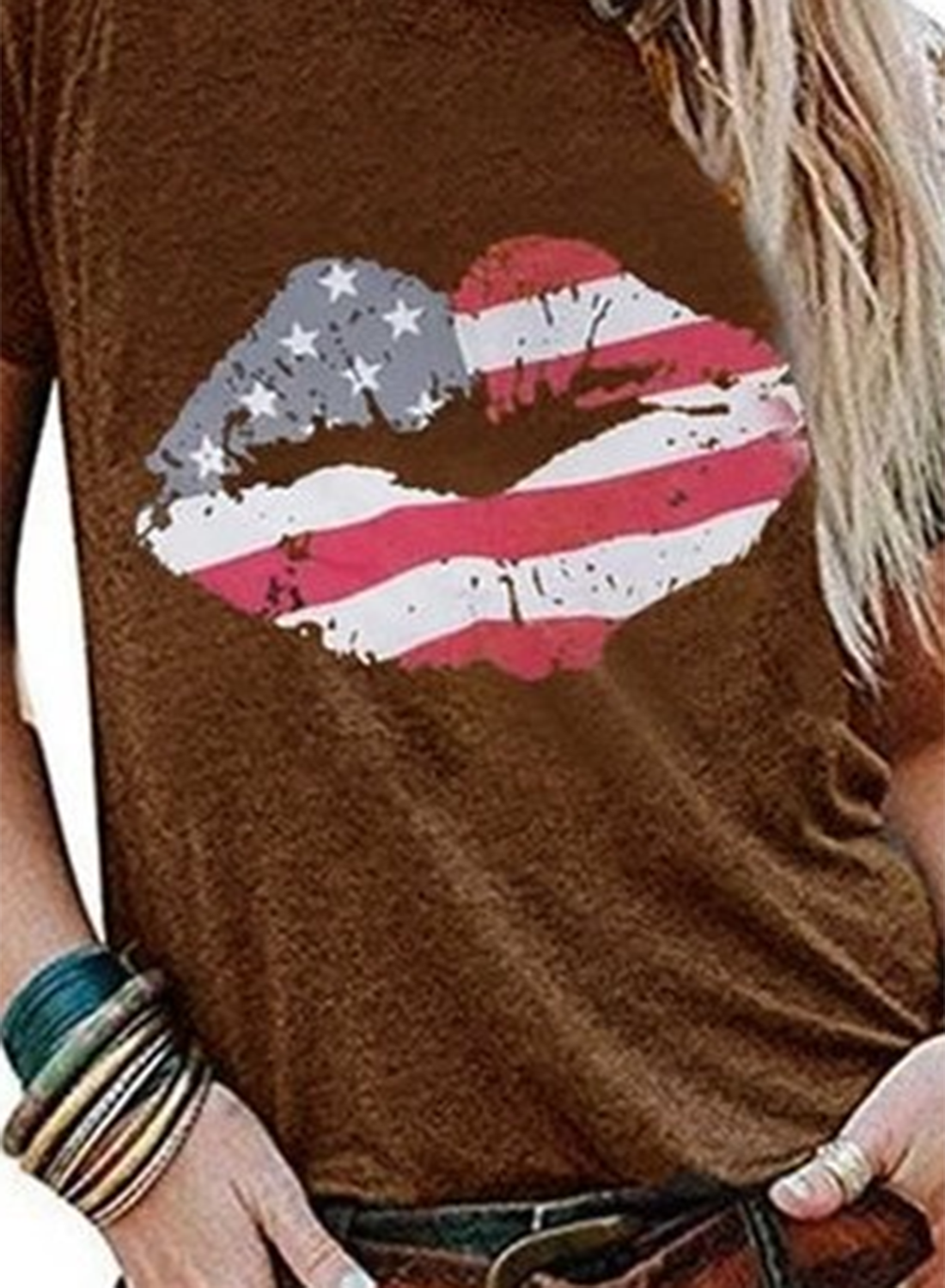 Women's T-shirts American Flag Lip Print Short Sleeve Round Neck Daily T-shirt