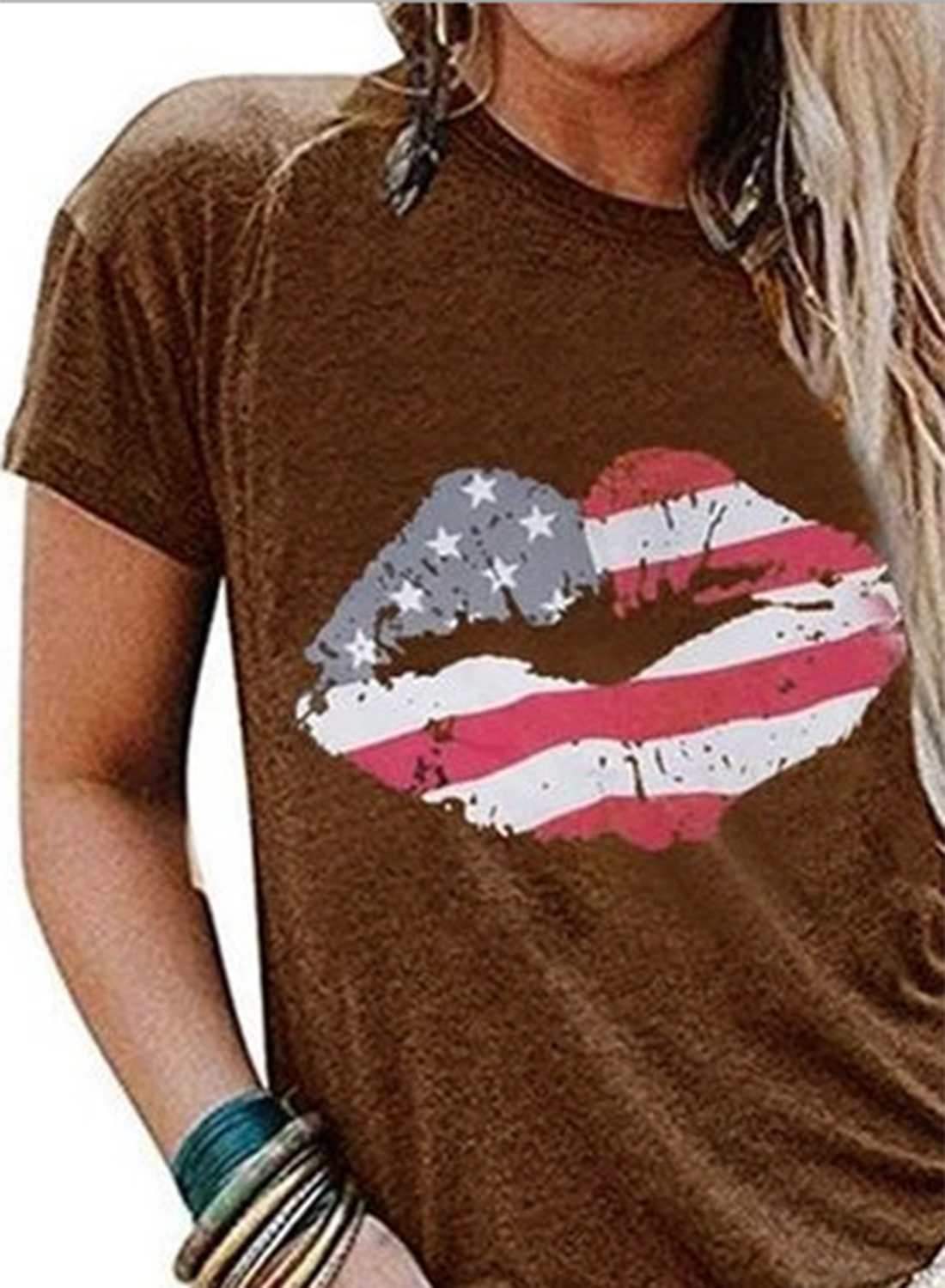 Women's T-shirts American Flag Lip Print Short Sleeve Round Neck Daily T-shirt