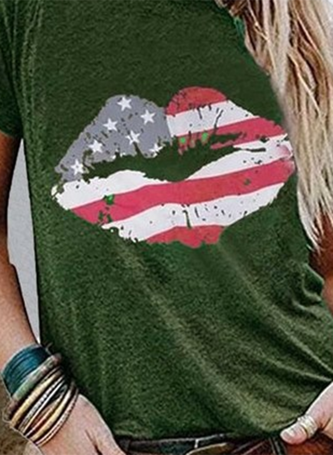 Women's T-shirts American Flag Lip Print Short Sleeve Round Neck Daily T-shirt