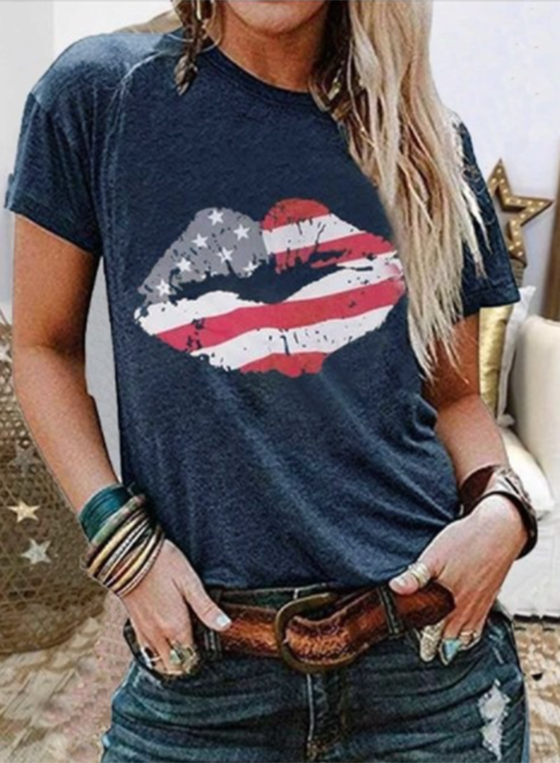 Women's T-shirts American Flag Lip Print Short Sleeve Round Neck Daily T-shirt