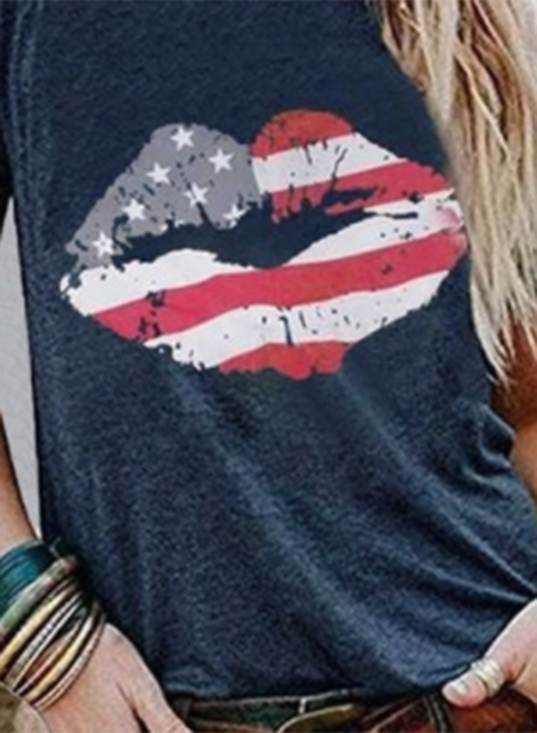 Women's T-shirts American Flag Lip Print Short Sleeve Round Neck Daily T-shirt