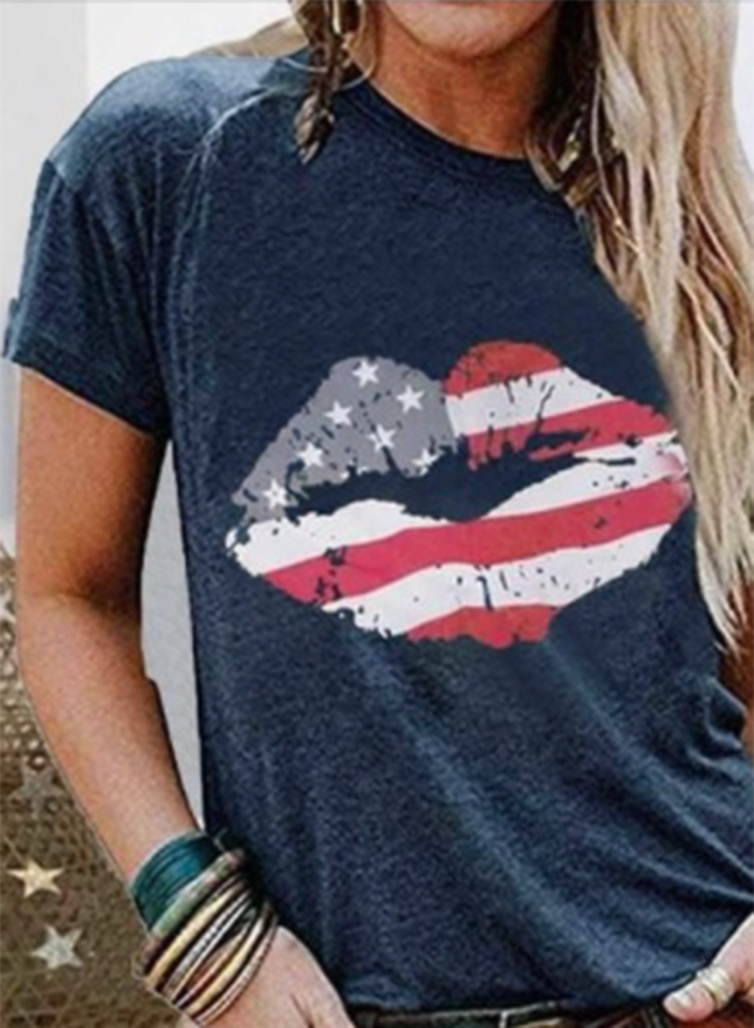 Women's T-shirts American Flag Lip Print Short Sleeve Round Neck Daily T-shirt