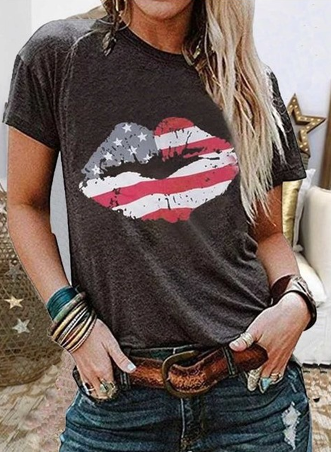 Women's T-shirts American Flag Lip Print Short Sleeve Round Neck Daily T-shirt