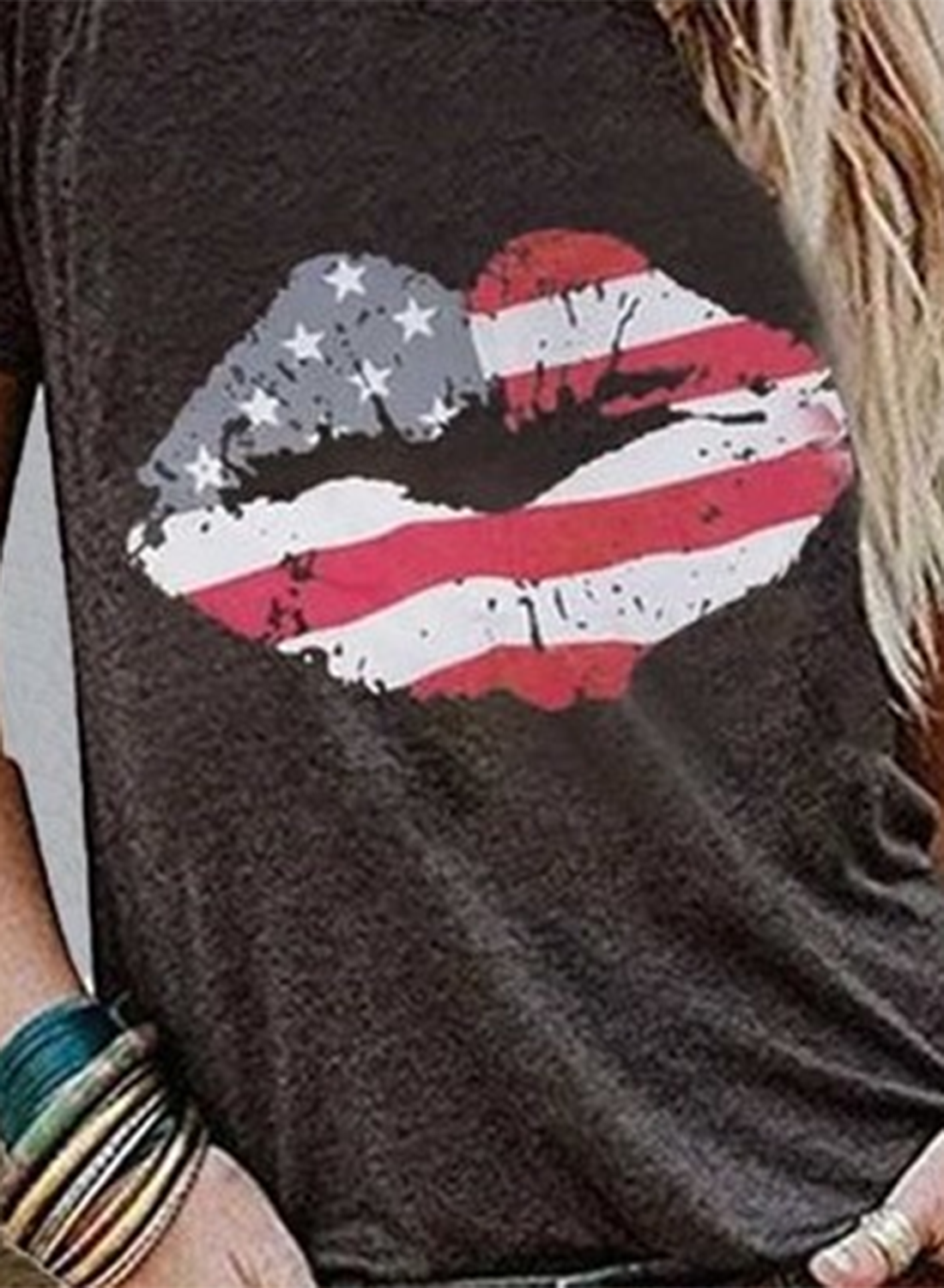 Women's T-shirts American Flag Lip Print Short Sleeve Round Neck Daily T-shirt