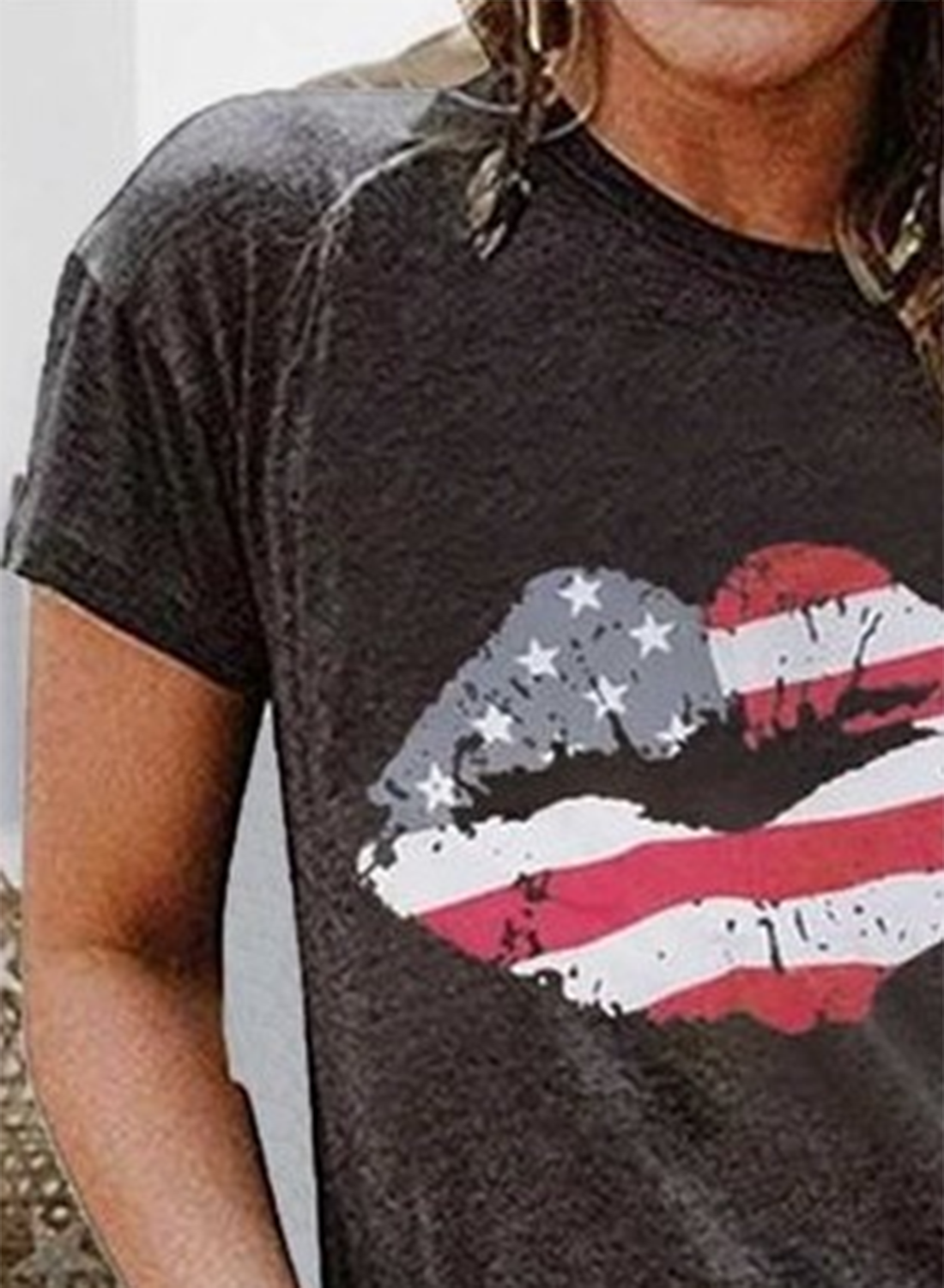 Women's T-shirts American Flag Lip Print Short Sleeve Round Neck Daily T-shirt