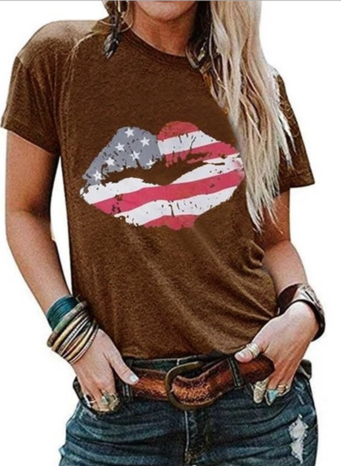 Women's T-shirts American Flag Lip Print Short Sleeve Round Neck Daily T-shirt