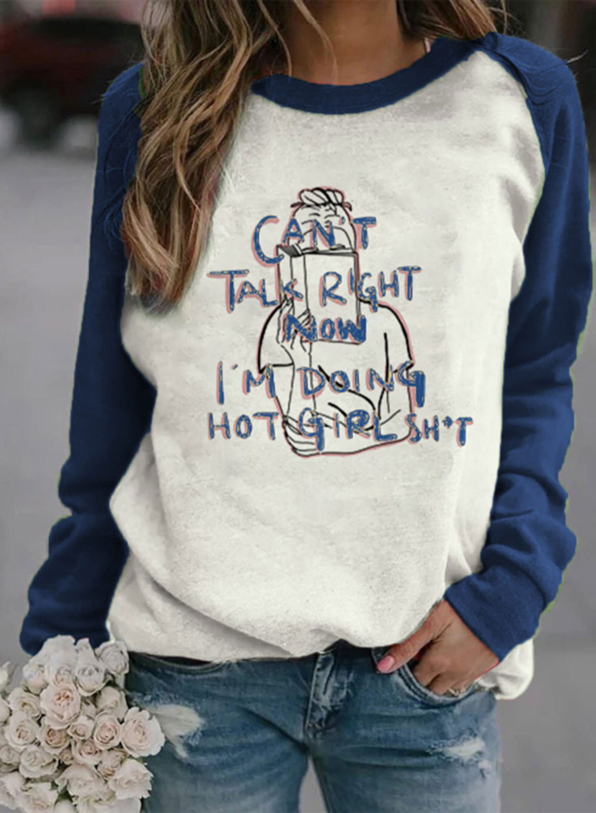 Women's Sweatshirts Letter Print Long Sleeve Round Neck Raglan Sleeves Sweatshirt