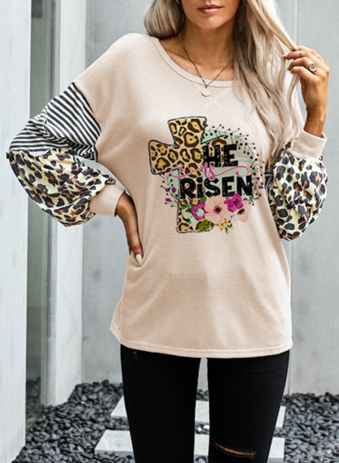 Women's T-shirts Leopard Color Block Letter Print Long Sleeve Round Neck Daily T-shirt