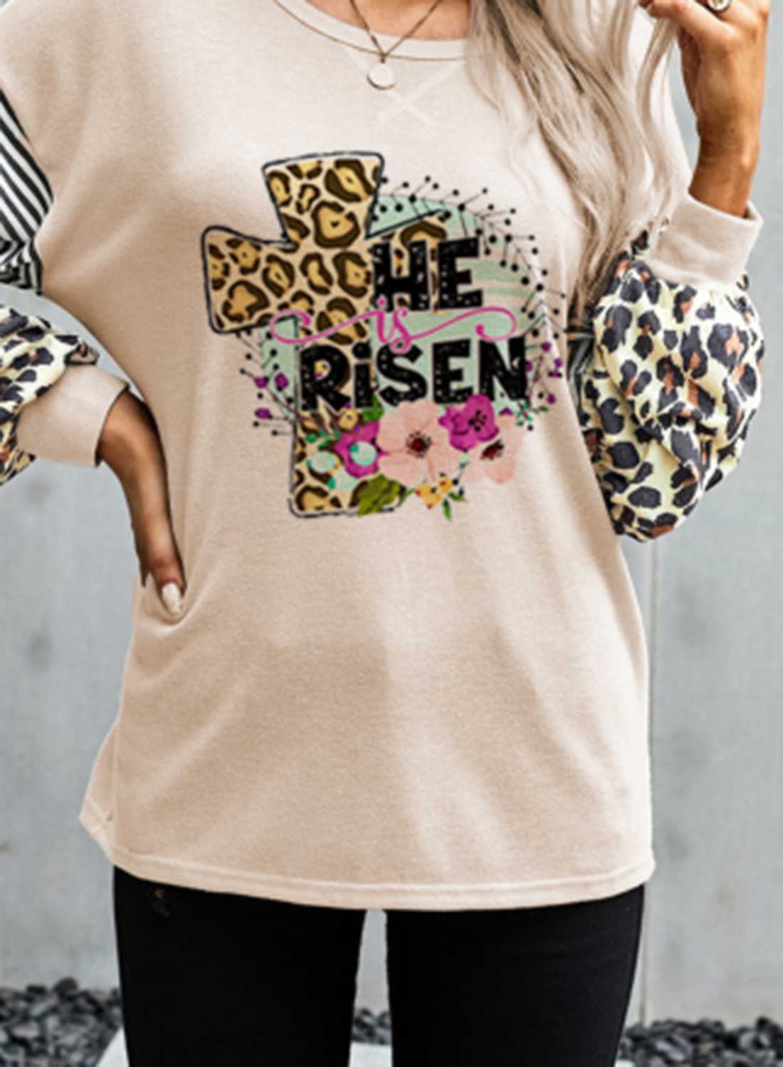 Women's T-shirts Leopard Color Block Letter Print Long Sleeve Round Neck Daily T-shirt