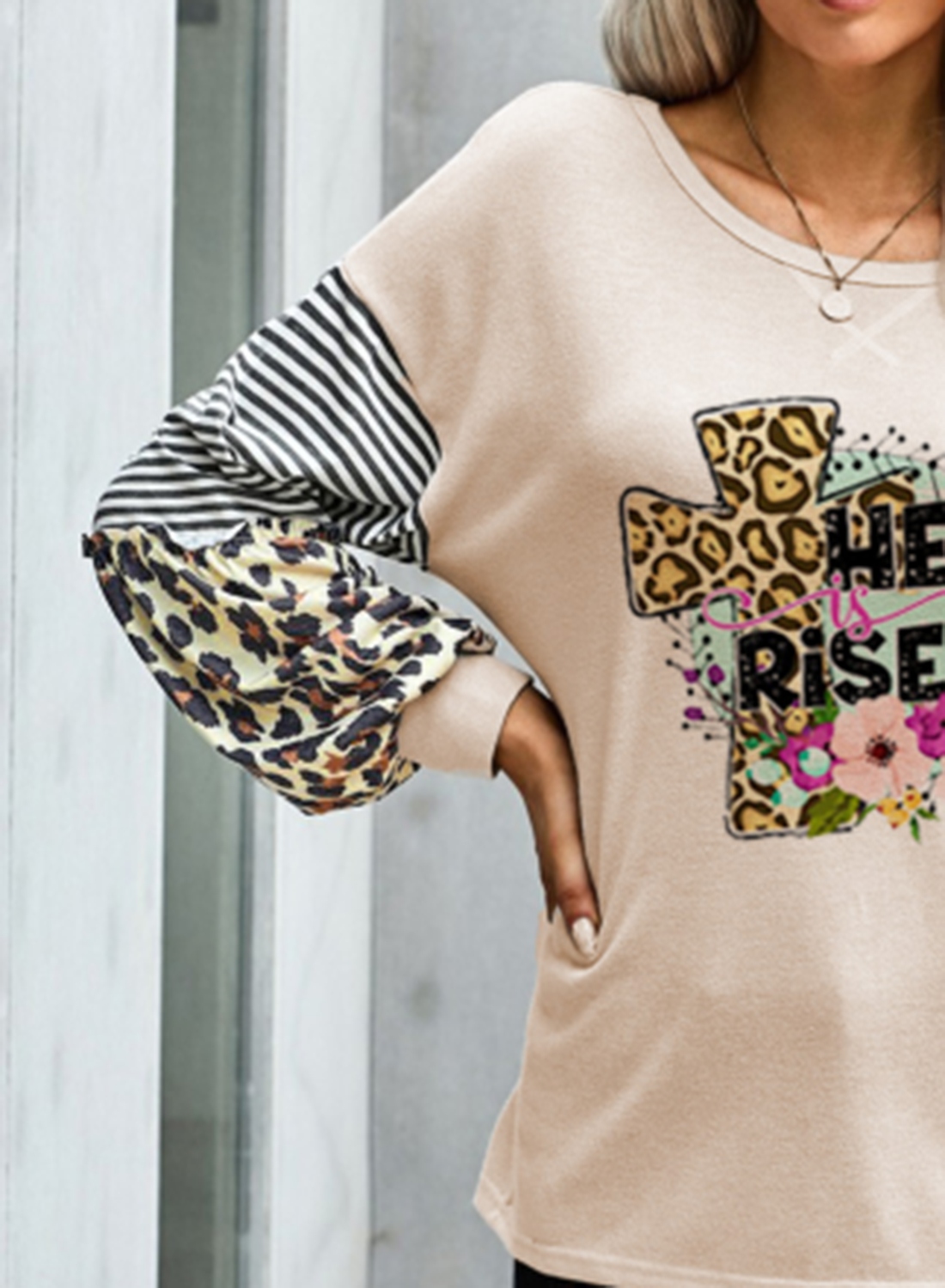 Women's T-shirts Leopard Color Block Letter Print Long Sleeve Round Neck Daily T-shirt