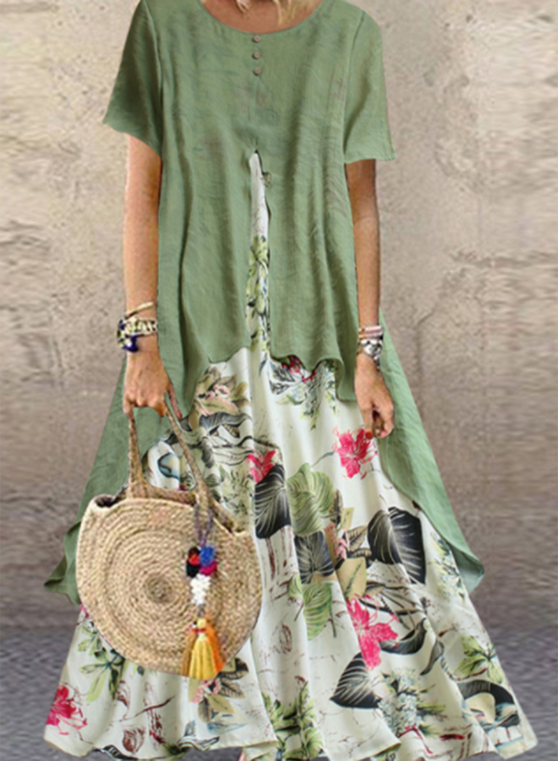 Women's Maxi Dresses A-line Floral Short Sleeve Round Neck Vacation Casual Maxi Dress