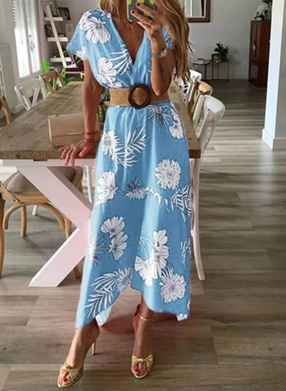 Women's Maxi Dresses A-line Floral Short Sleeve V Neck Vintage Boho Maxi Dress