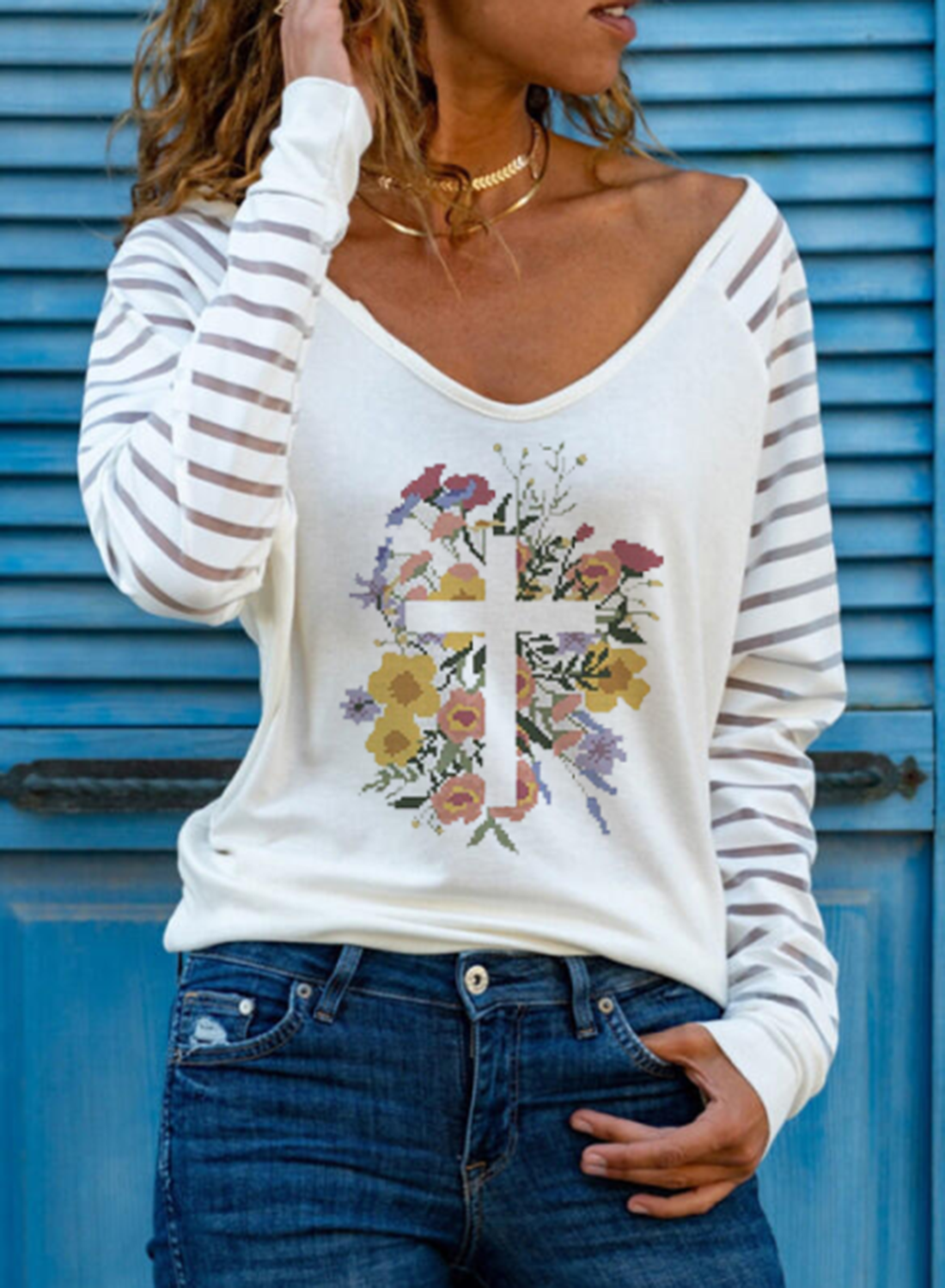 Women's Pullovers Floral Letter Long Sleeve V Neck Daily Cut-out Pullover