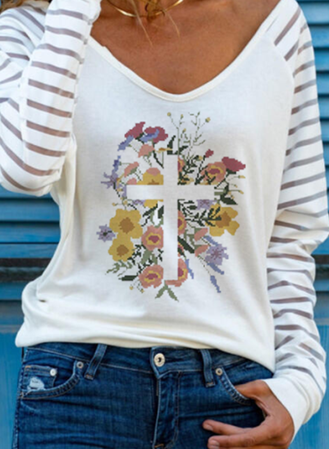 Women's Pullovers Floral Letter Long Sleeve V Neck Daily Cut-out Pullover