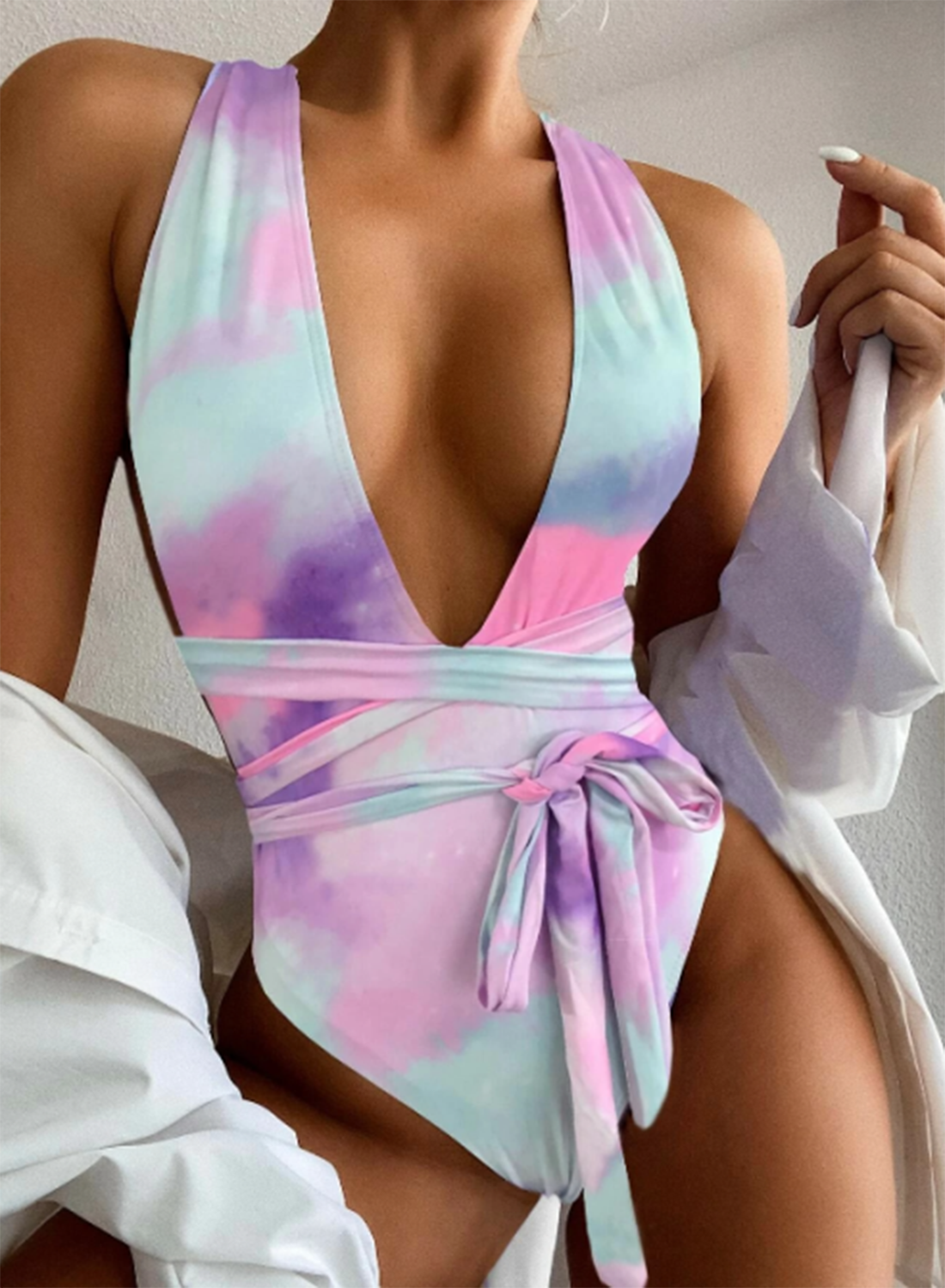 Women's One-Piece Swimsuits One-Piece Bathing Suits Knot Cut Out Cold Shoulder Tiedye V Neck One-Piece Swimsuit