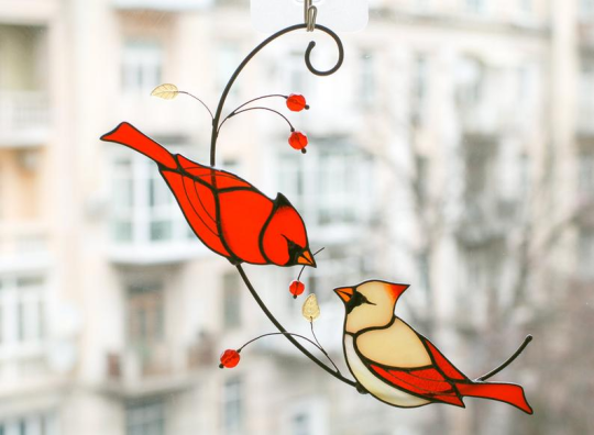 Stained glass cardinal bird suncatcher Christmas cardinal gifts Modern stained glass window hangings decor