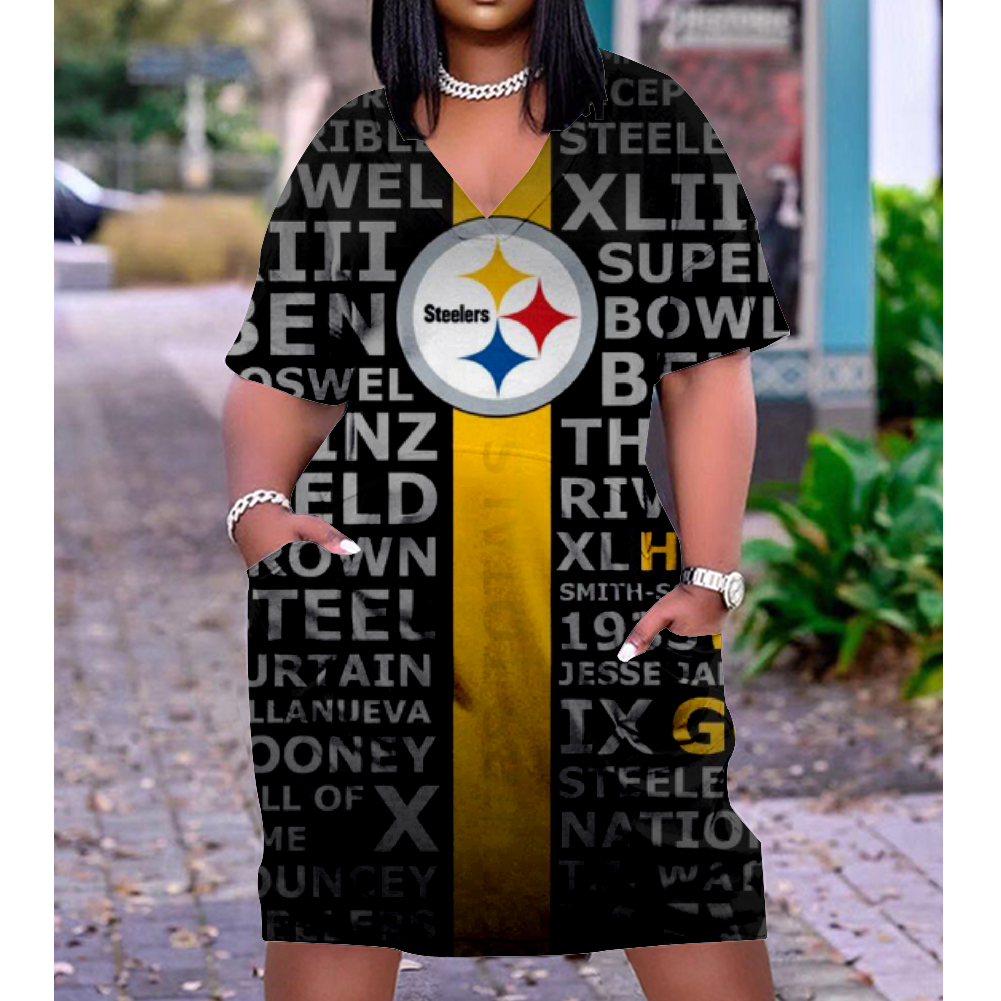 Pittsburgh Steelers V-Neck Jacket Short-Sleeved Bat-Sleeved Dress