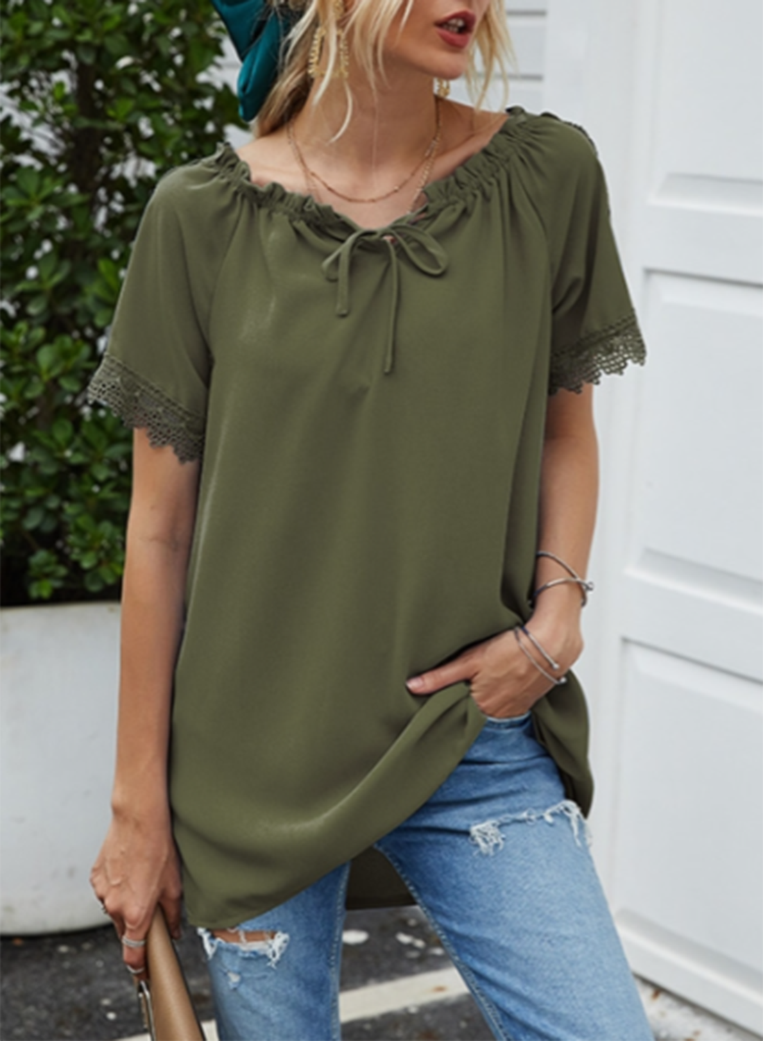 Women's T-shirts Lace Drawstring Solid Short Sleeve V Neck Daily Casual Tunic T-shirt