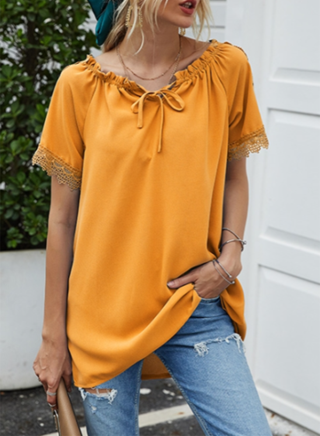 Women's T-shirts Lace Drawstring Solid Short Sleeve V Neck Daily Casual Tunic T-shirt