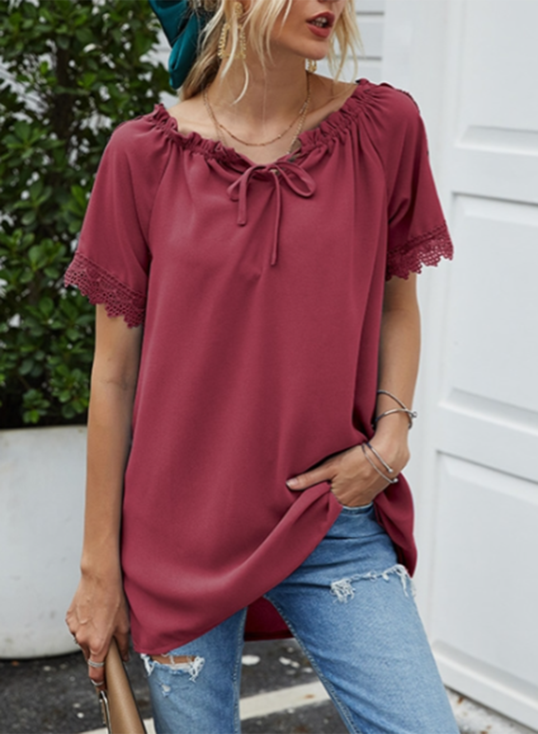 Women's T-shirts Lace Drawstring Solid Short Sleeve V Neck Daily Casual Tunic T-shirt