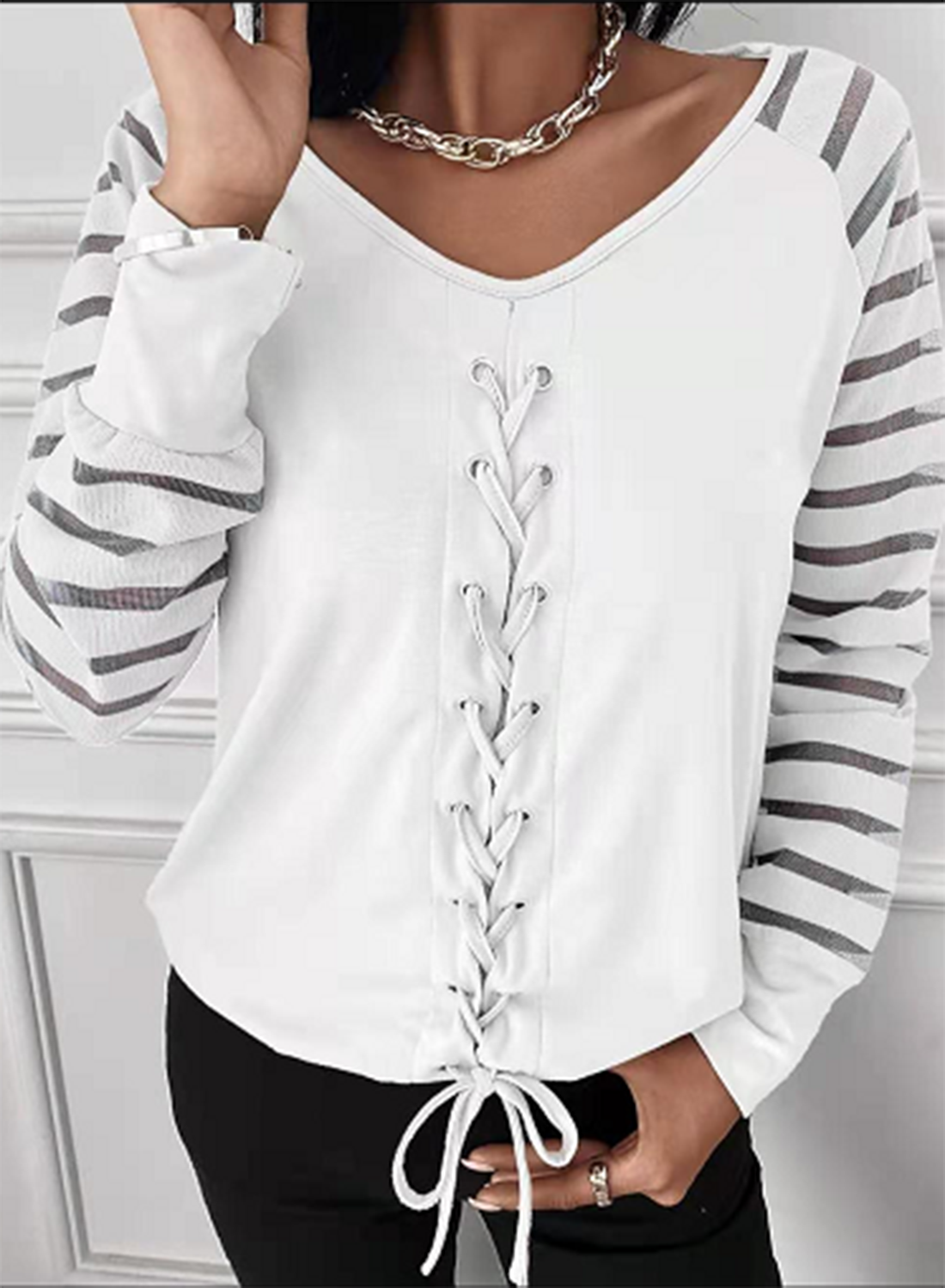 Women's Pullovers Knot Solid Striped Long Sleeve V Neck Daily Casual Pullover