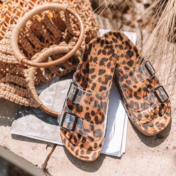 Solespairs Clear Straps Buckles Cheetah Slippers