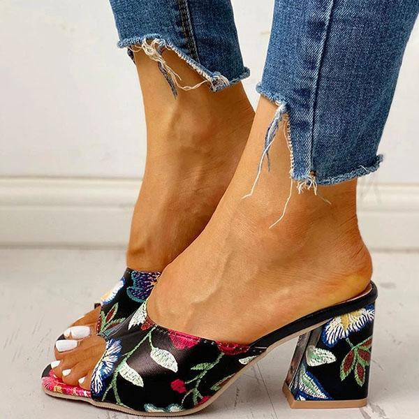 Solespairs Peep Toe Print Chunky Heeled Sandals