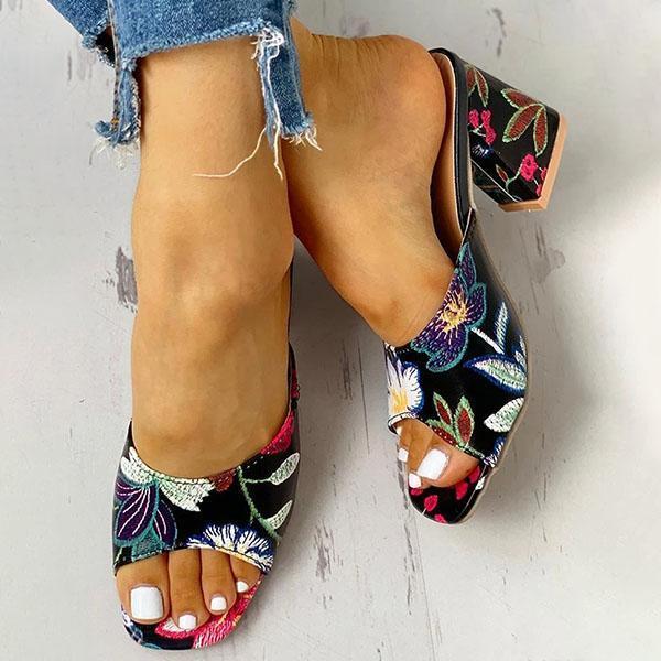 Solespairs Peep Toe Print Chunky Heeled Sandals