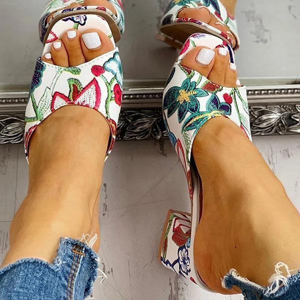 Solespairs Peep Toe Print Chunky Heeled Sandals