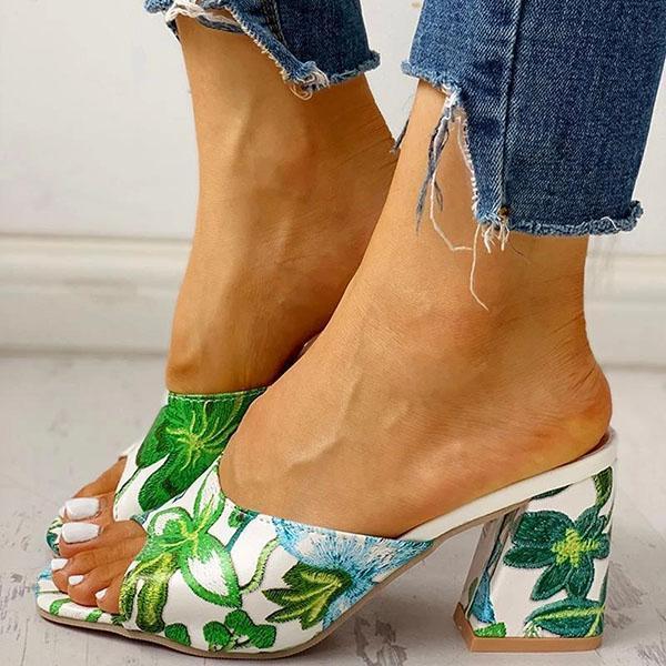 Solespairs Peep Toe Print Chunky Heeled Sandals