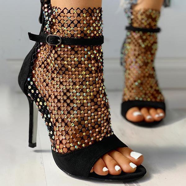 Solespairs Studded Grid Mesh Open Toe Thin Heels