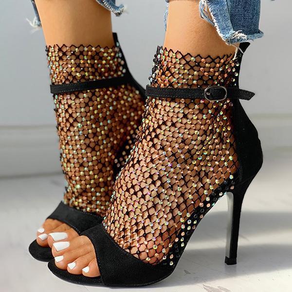 Solespairs Studded Grid Mesh Open Toe Thin Heels