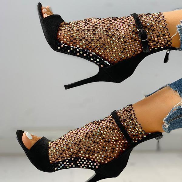 Solespairs Studded Grid Mesh Open Toe Thin Heels