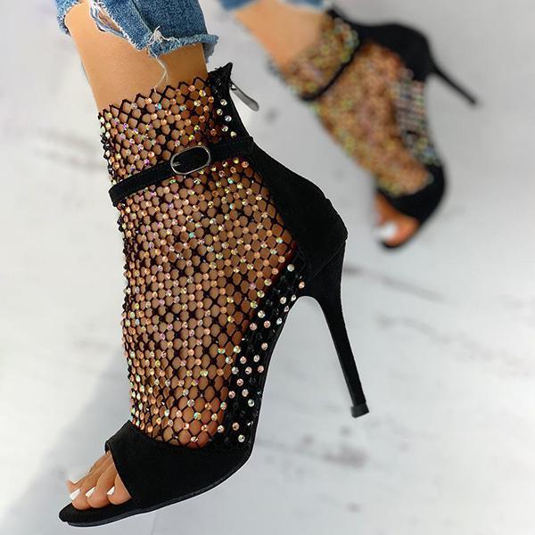 Solespairs Studded Grid Mesh Open Toe Thin Heels