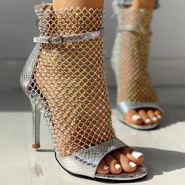 Solespairs Studded Grid Mesh Open Toe Thin Heels